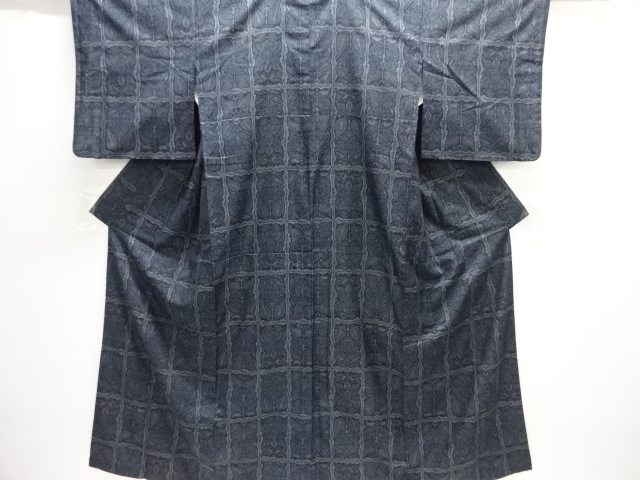 JAPANESE KIMONO / ANTIQUE KIMONO / SILK / TOKAMACHI TSUMUGI / WOVEN GRID & ABSTRACT FLORAL PLANTS